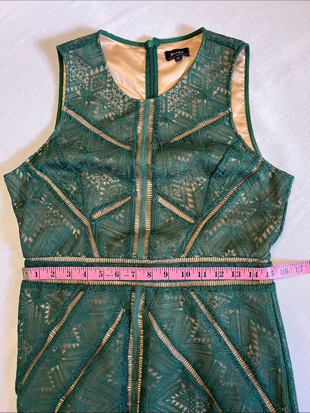 Bardot Eve Dark Green Sheer Crochet Lace Illusion Sleeveless Sheath Midi Dress 8 - Picture 14 of 16
